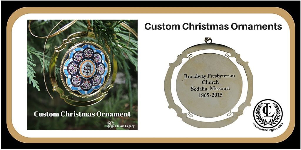 Christmas ornaments are custom made by Classic Legacy. This brass ornament features the image of the stained glass window from the original church building. Special gifts that celebrate anniversaries are meaningful for special gifts attending. This "Swag" is one that will be cherished for years to come.