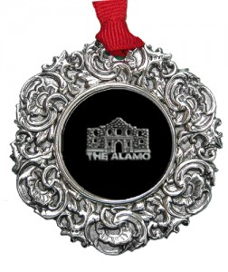 Solid Brass Silver Plated Christmas Ornament with Black Enamel and Pewter Alamo Medallion 