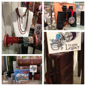 Vintage Finds for Classic Legacy displays spools, books, binoculars, suitcase