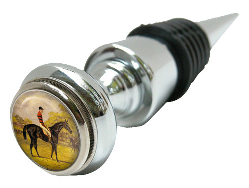 Silver Classic Wine Bottle Stopper with Vintage Horse Racing Painting Designed by Classic Legacy 