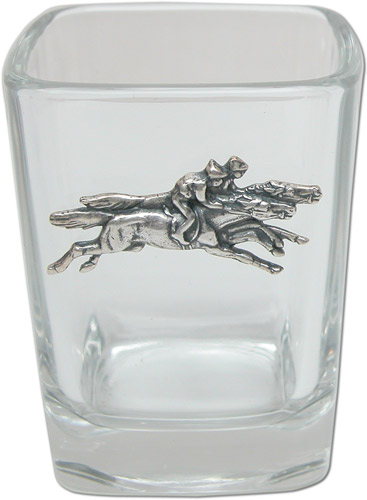 Shot glass with silver racehorse medallion