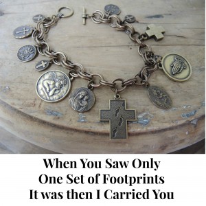 The cross with footprints in the center of this bracelet is designed with the footprints on one side and this quote on the back side. "He whispered, My precious child, I love you and will never leave you, when you saw one set of footprints it was then I carried you." 