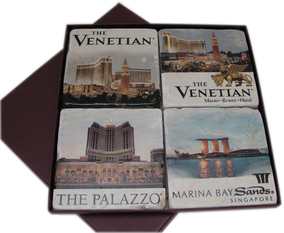Set of 4 Marble Coasters with Venetian logo and color photos for Corporate Clients