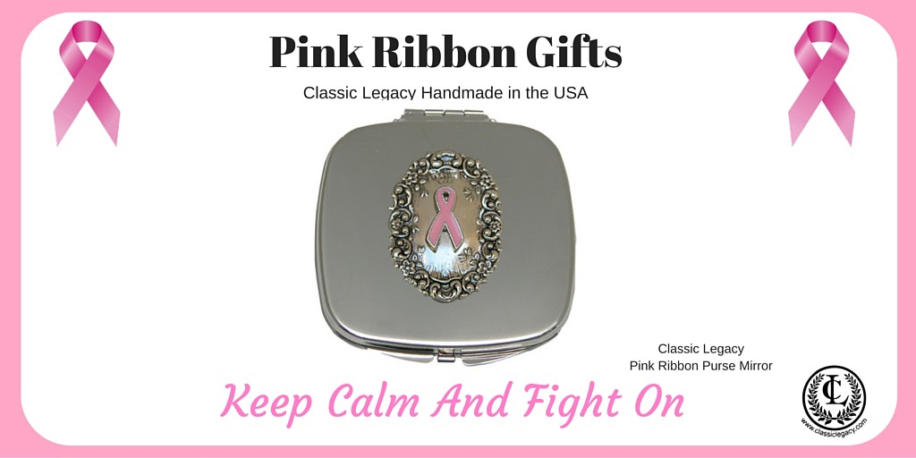 Classic Legacy Purse Mirror features a silver Medallion and the Pink Enameled Ribbon is the perfect Pink Ribbon Gift