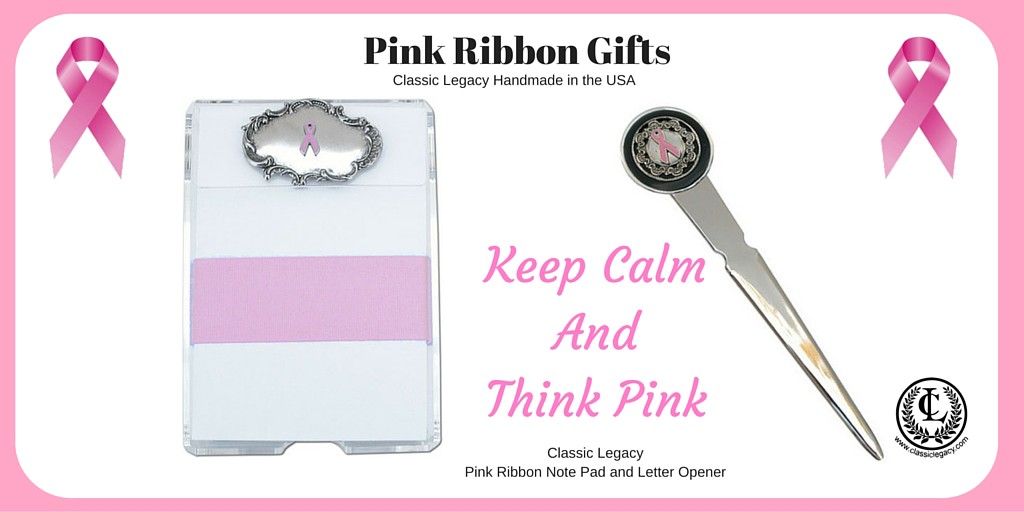 Pink Ribbon Gifts include the Classic Legacy notepad and letter opener. Each feature a silver medallion and enameled pink ribbon.