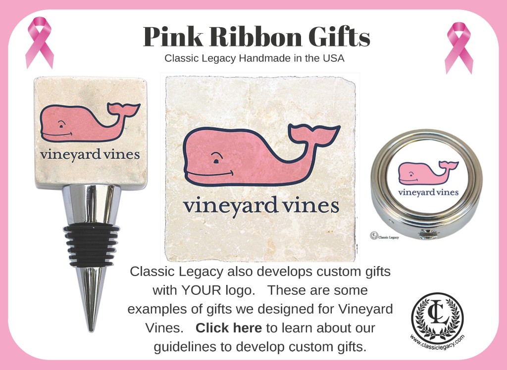 Pink Ribbon Gifts can be customized with YOUR logo like this example of gifts designed for Vineyard Vines.