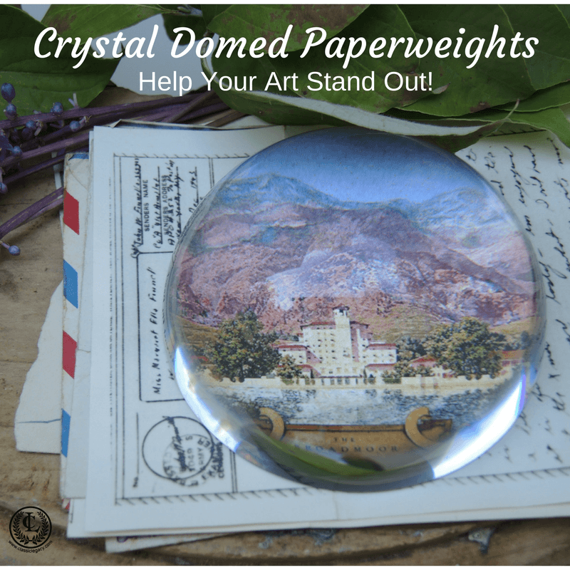 Crystal Domed Paperweights with Art Image of The Broadmoor Hotel