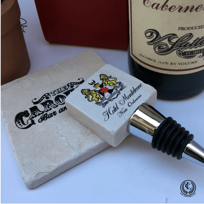Classic Legacy Custom Marble Wine Stopper and Coaster with Hotel Logo