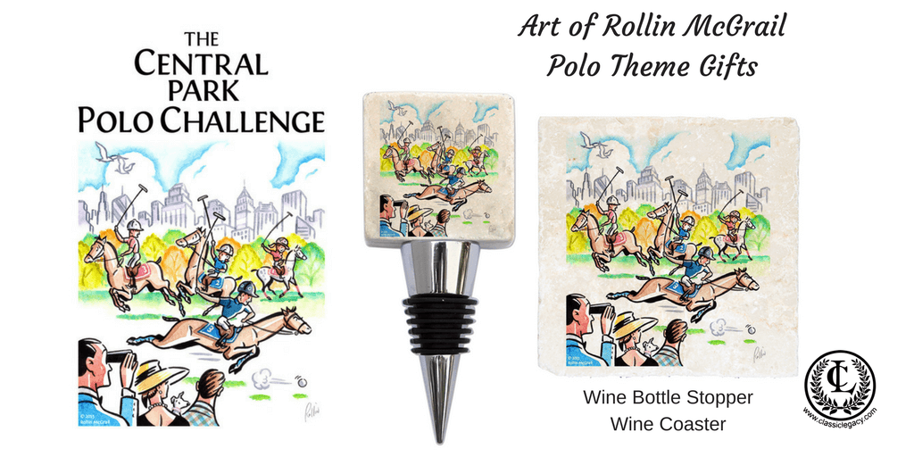 Art of Rollin McGrail Polo Theme Wine Bottle Stopper and Marble Coaster