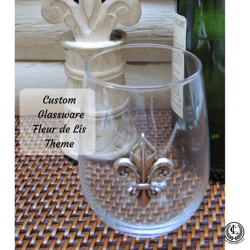 Fleur de lis stemless wine glass with text