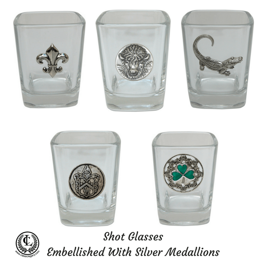 Shot glasses with silver medallions