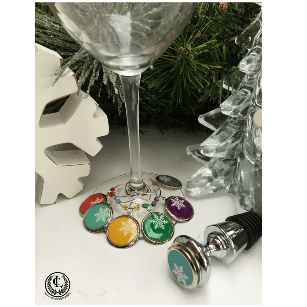 Personalized Gifts Slope Style Snowflake Wine Charms and Bottle Stopper