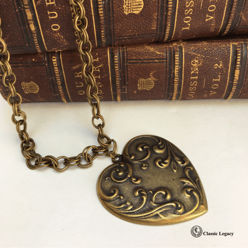 Heart Gifts include antique brass heart necklace.