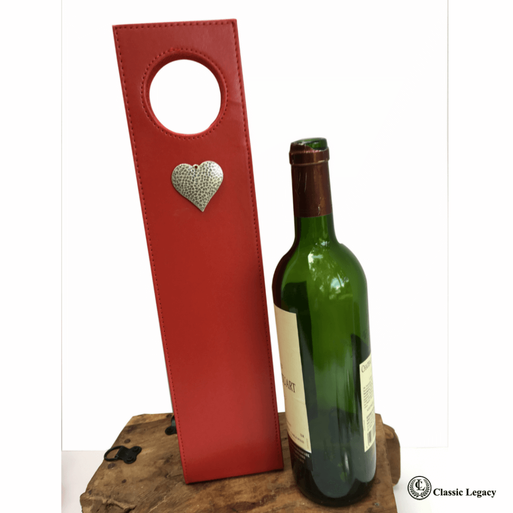 Heart gifts include faux leather red wine carrier with silver hammered heart