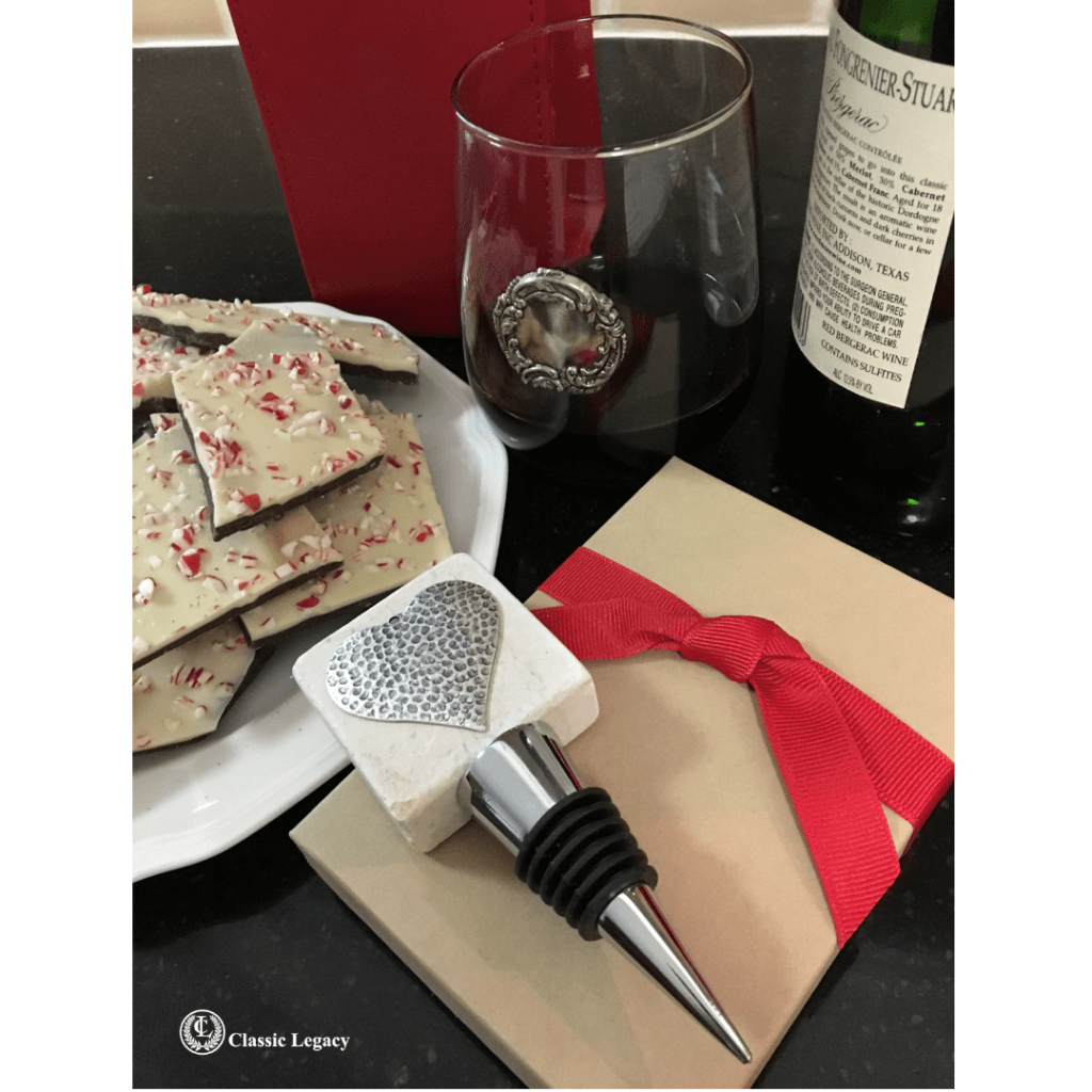 Heart gifts include marble wine bottle stopper with silver hammered heart