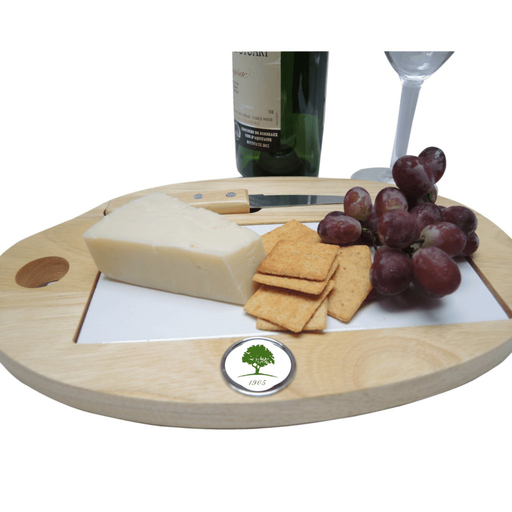 Cheese board with white tile and custom country club logo