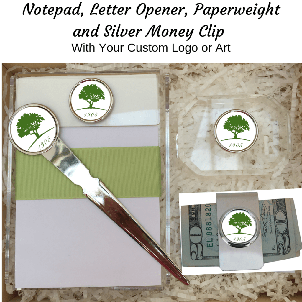 Custom notepad, paperweight and money clip with your custom logo or art.