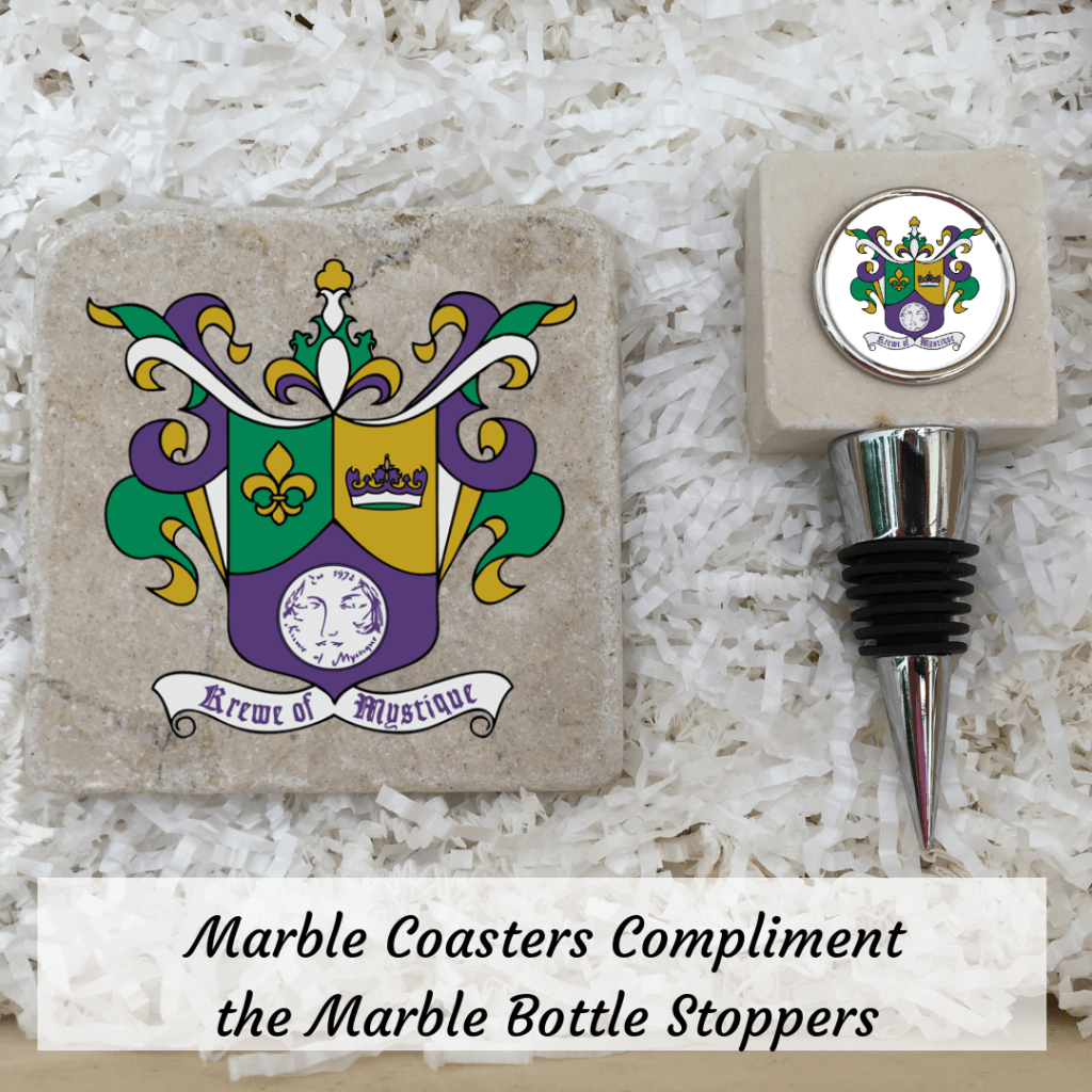 Marble Coaster and Marble Wine Bottle stopper with Krewe logo