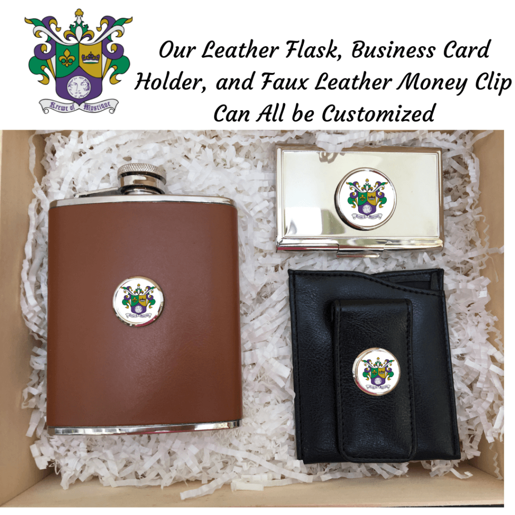 Flask, money clip, and business card holder with custom logo of Krewe
