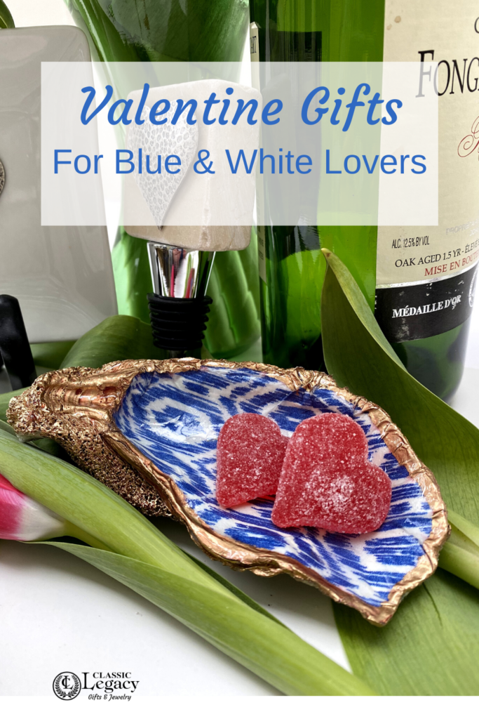 Blue and White Oyster Shell dish red heart candy