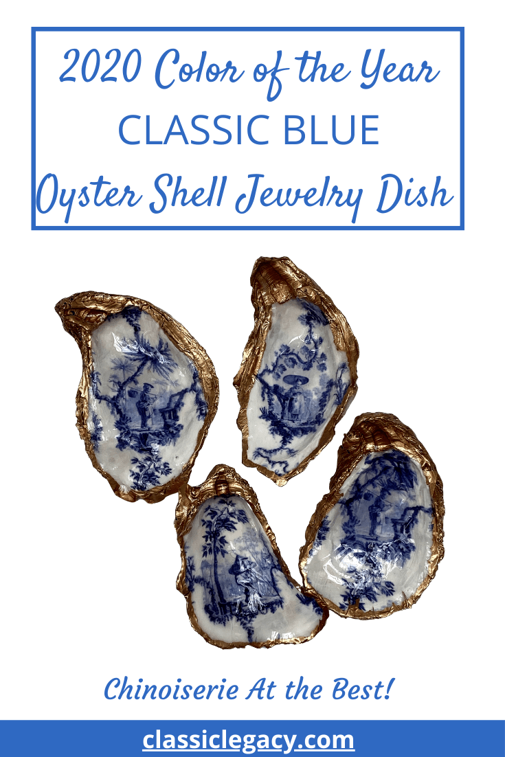oyster shell jewelry dish with classic Chinese figures.  perfect gift for 2020 color of the year classic blue