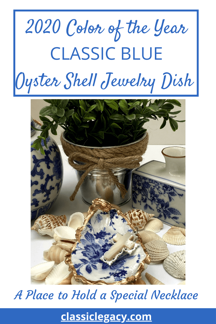 Oyster shell jewelry dish Chinoiserie floral design for 2020 Classic Blue color of the year.