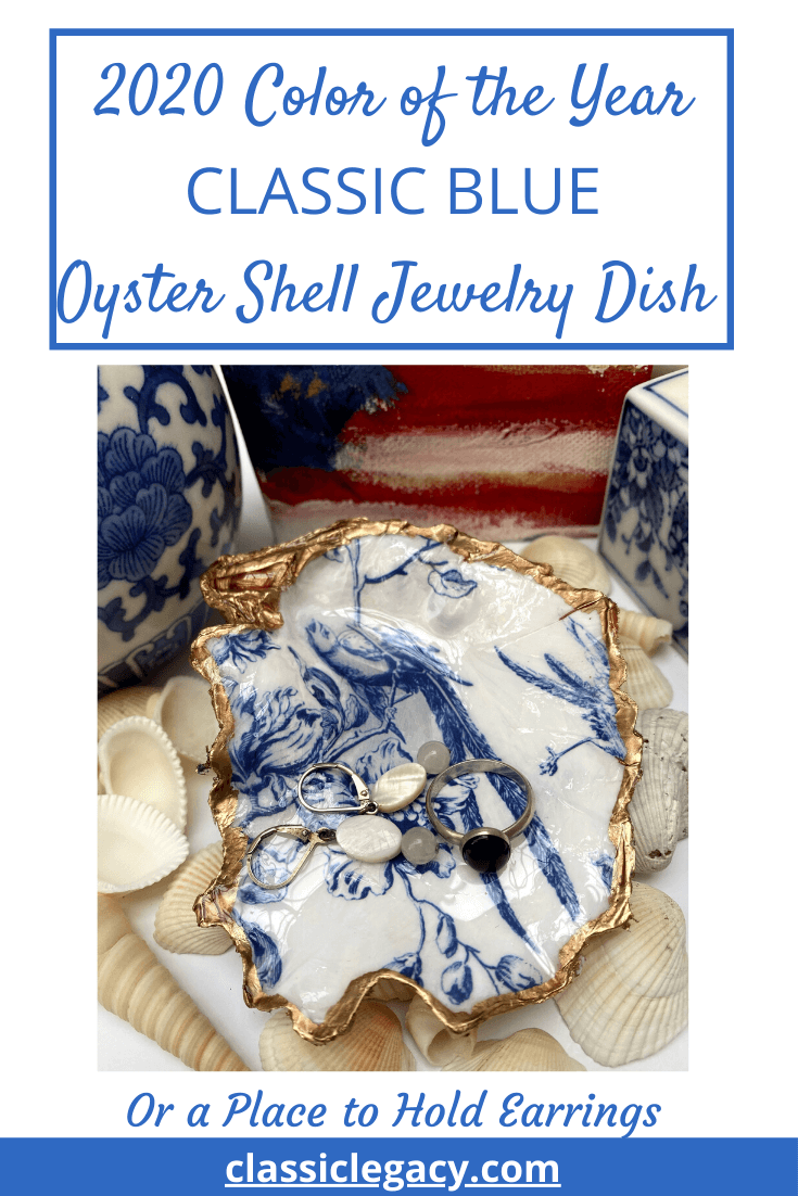 oyster shell jewelry dish Chinoiserie bird design, 2020 color of the year classic blue