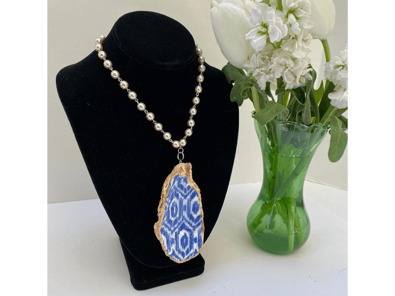 Oyster Shell Necklace Blue and White Ikat design
