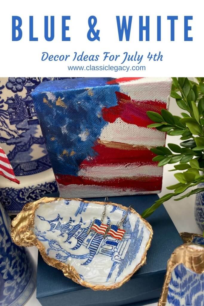 Blue and White Oyster Shell Jewelry Dish with American USA flag earrings to celebrate July 4th holiday.  I call this blue and white design the China temple.
