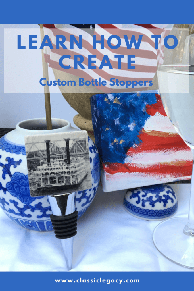 Custom wine bottle stoppers can be made with your logo, art, or photograph.   These are hand-made in the USA.  This is vintage image of the American Queen Steamboat company.