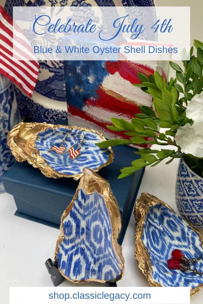 Blue and White Oyster Shell Jewelry Dish with American USA flag earrings to celebrate July 4th holiday. This blue and white design is call the ikat design.