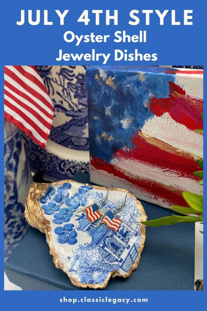 Blue and White Oyster Shell Jewelry Dish with American USA flag earrings to celebrate July 4th holiday.  I call this blue and white design the Chinese house.