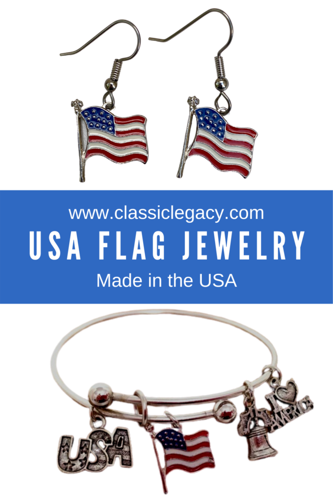 Jewelry to celebrate July 4th includes USA flag earrings, and an expandable hoop bracelet with USA theme charms.