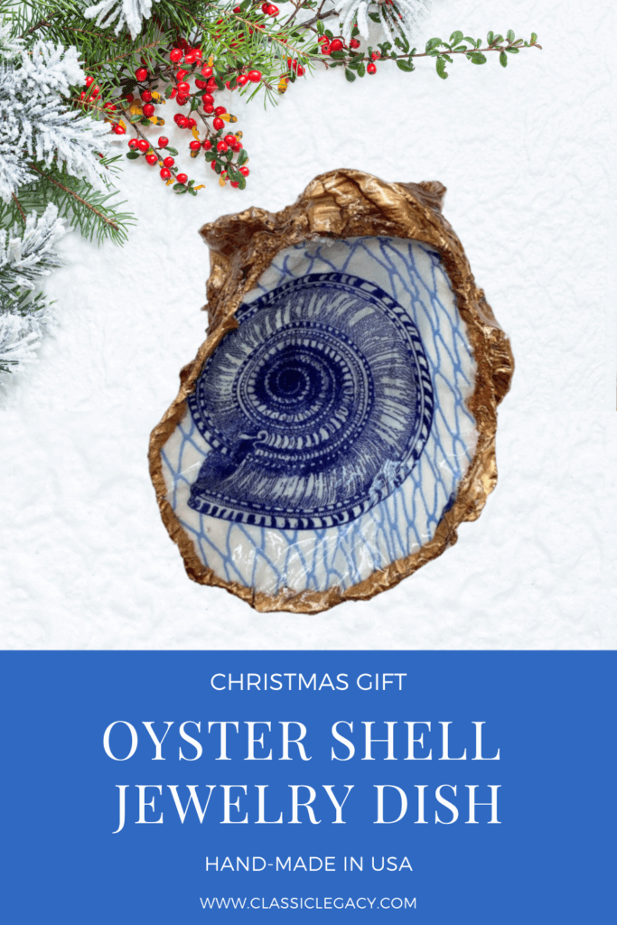   This oyster shell dish features a blue and white spiral shell.   For the lover of blue and white decor this is a great gift.