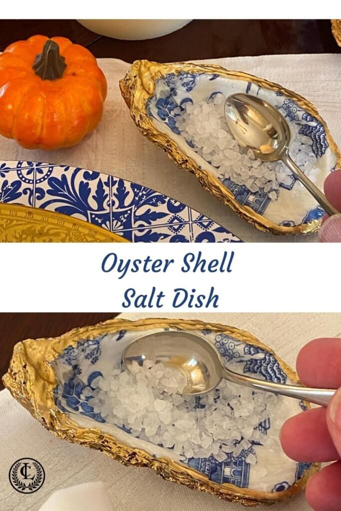 Blue and white oyster shell dish used as salt dish. 