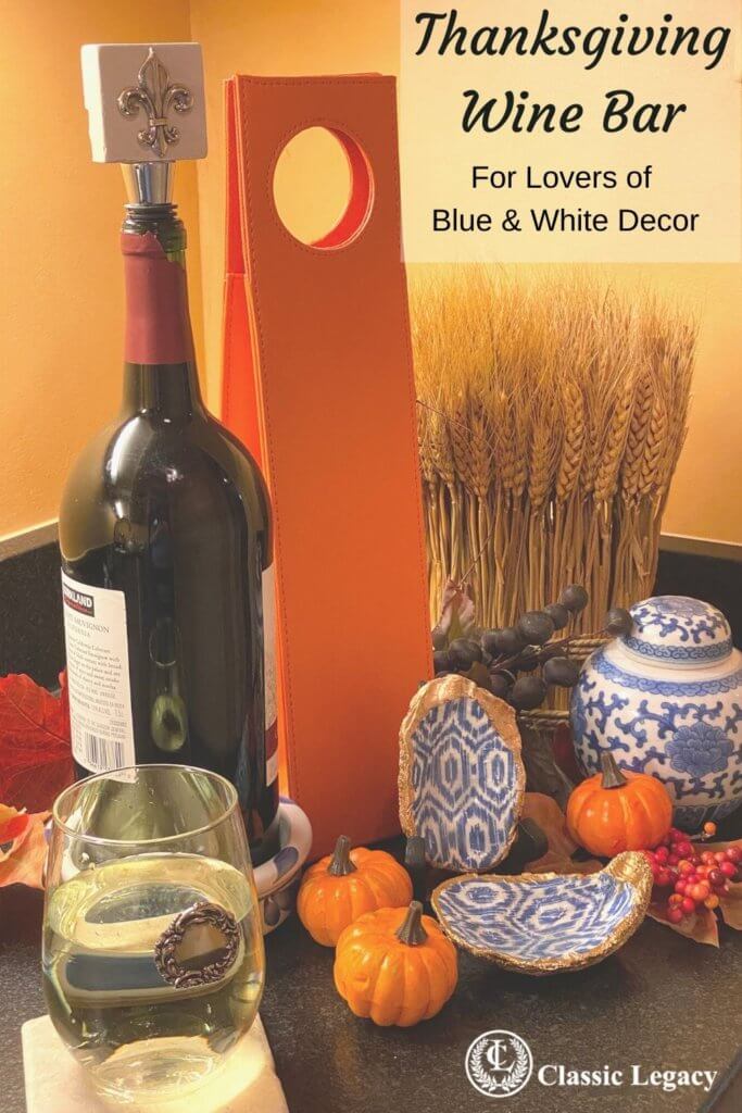 Wine bar with touches of blue and white oyster shell dishes for fall decor.