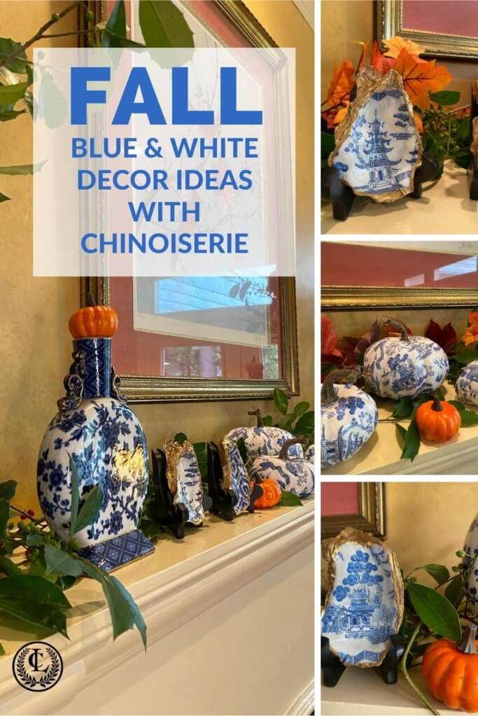 Fall decor with blue and white accents is perfect for the mantel