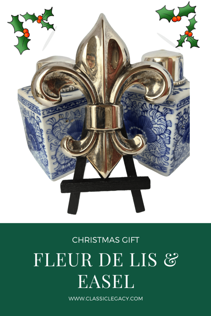 The large silver fleur de lis sits on an easel and is a great gift for any fleur de lis lover.   It is in the top winning 2020 holiday gifts.
