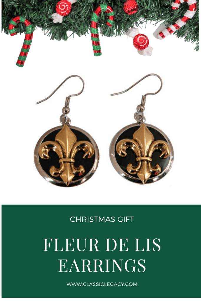 The black and gold fleur de lis earrings make great stocking stuffers and are in the top holiday 2020 gifts.