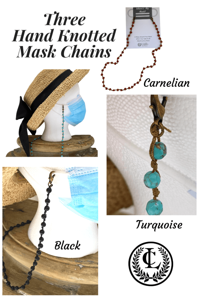 Beaded mask chains include turquoise, black onyx, and carnelian beads.  