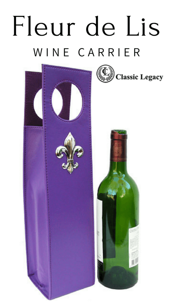purple wine carrier with silver fleur de lis