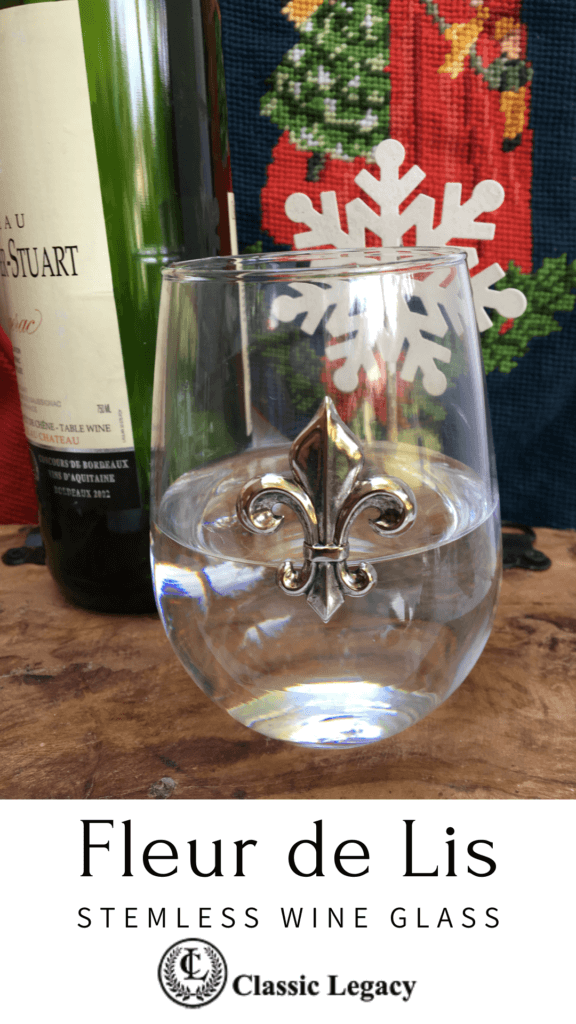 Stemless Wine Glass with Silver Fleur de lis