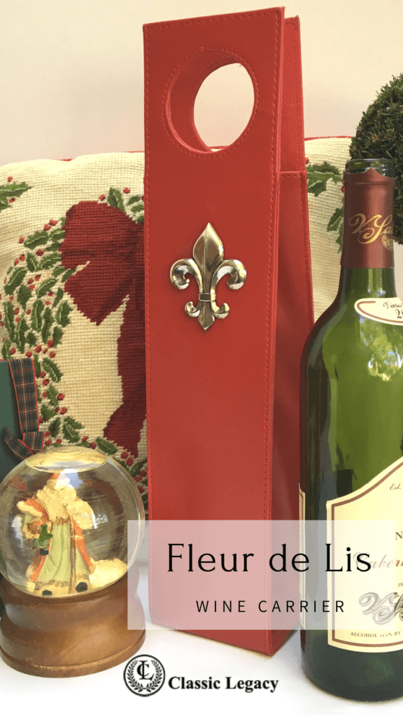 red wine carrier with silver fleur de lis 