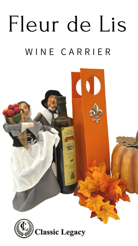 orange wine carrier with silver fleur de lis