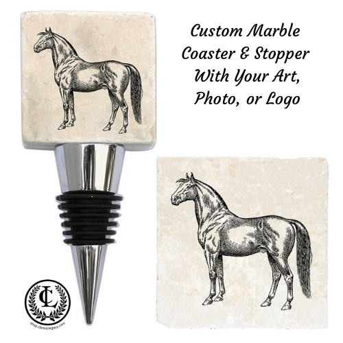 custom personalized marble bottle stopper and marble coaster | personalized equestrian gifts