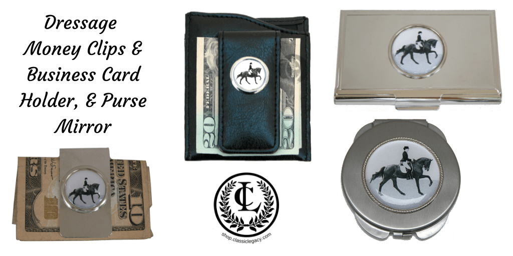 Dressage money clips, business card holder, and purse mirror