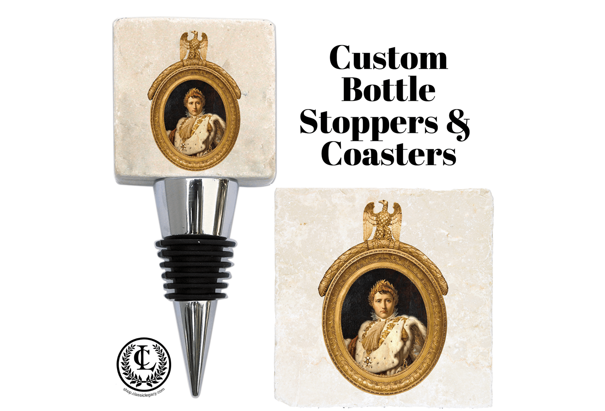 Custom Bottle stoppers for museums include the Napoleon stopper and marble coaster created from the Nelson Atkins Museum in Kansas City.