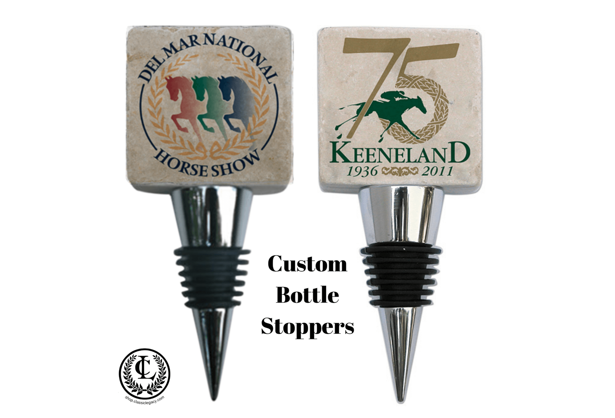 Custom marble bottle stopper with custom logo of equestrian events and horse racing events.