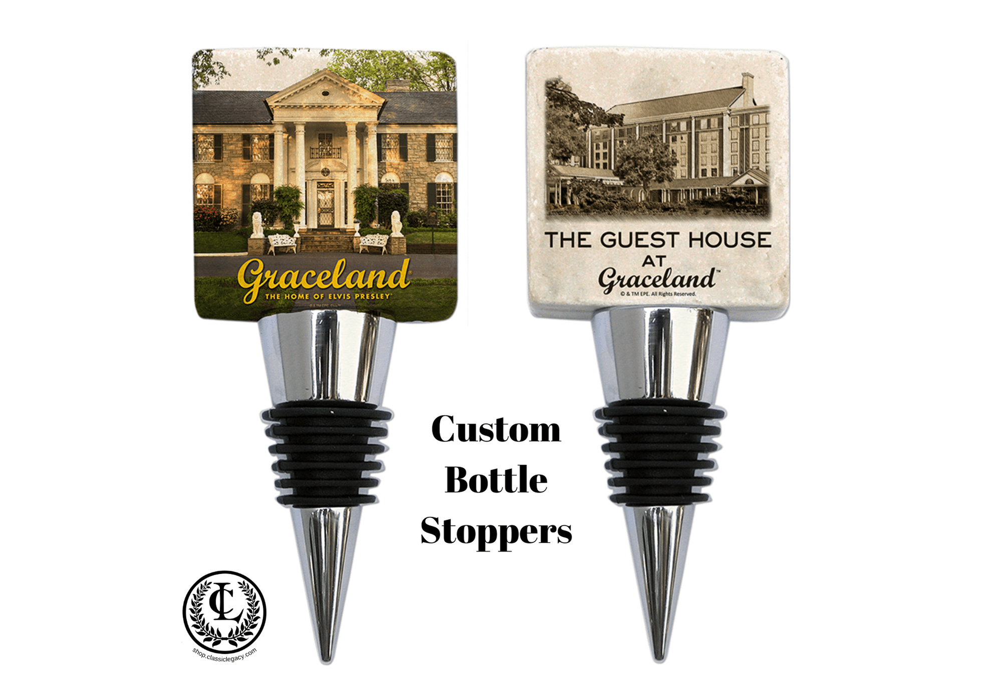 Custom logo bottle stoppers for Graceland museum in Memphis.