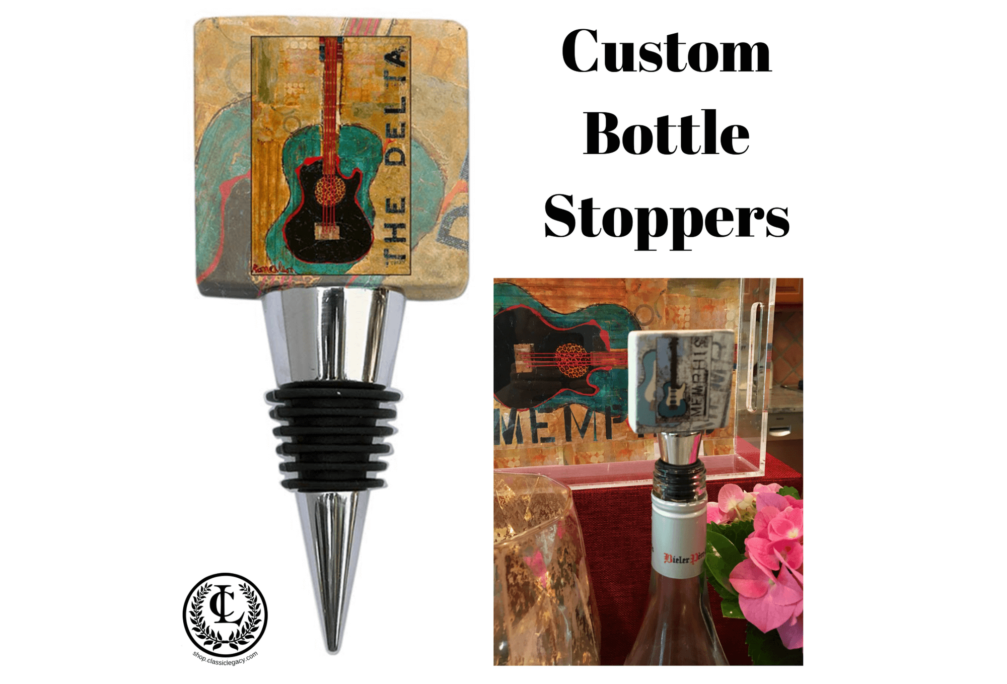 Custom logo bottle stopper with the art logo image of Memphis.  This is the art of Ron Olson.